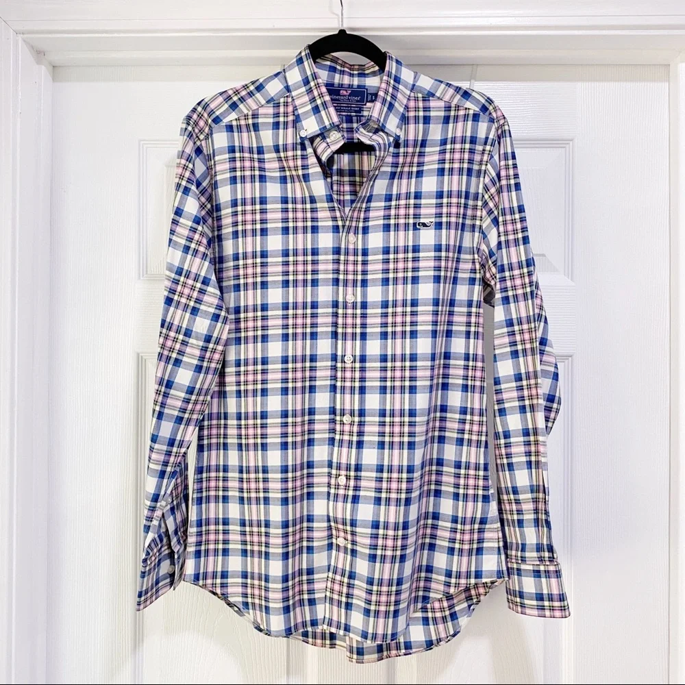 Vineyard Vines Slim Naushon Plaid Whale Shirt Men’s Blue Pink White Size Small - Picture 2 of 8